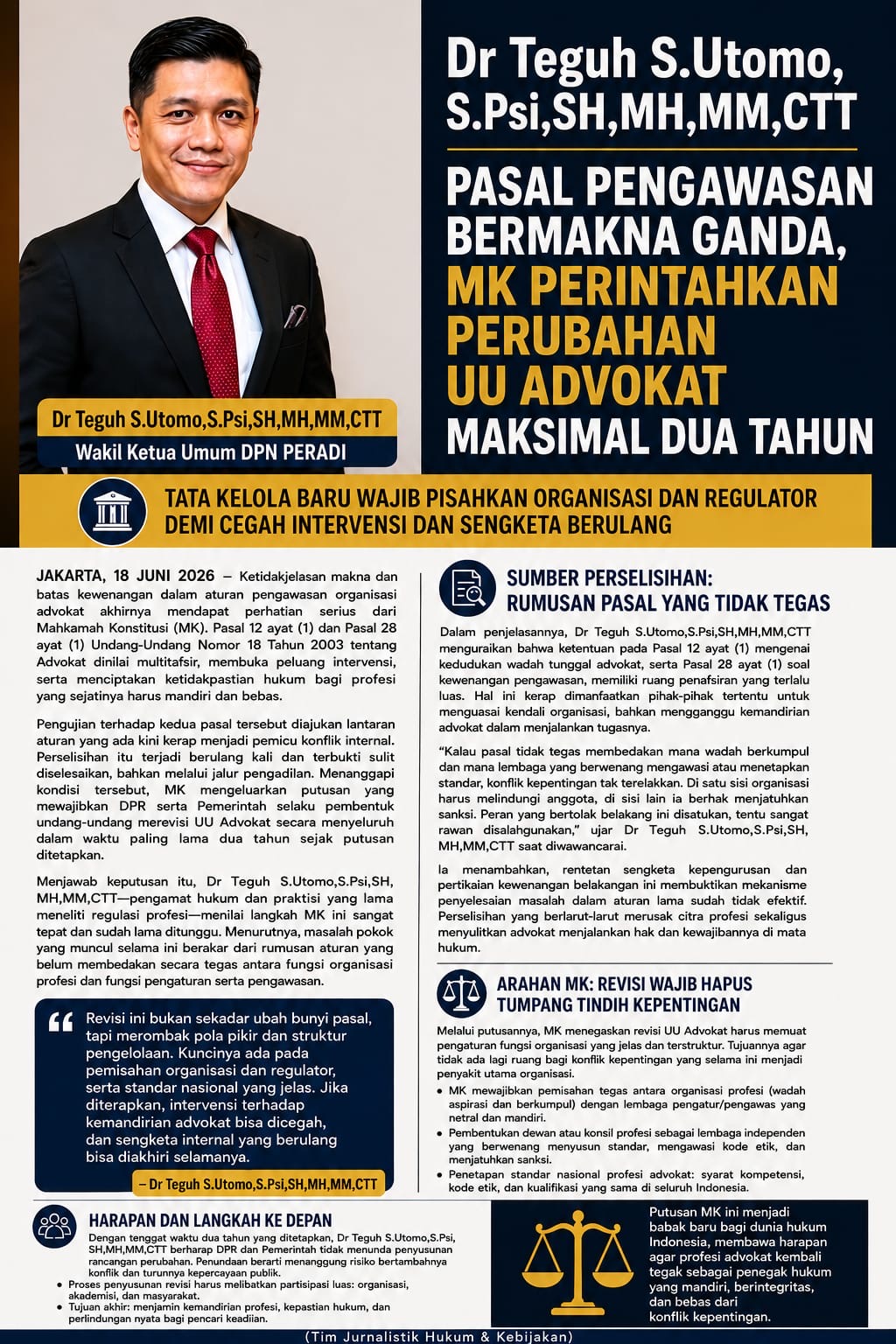 Adv DR TEGUH Suharto Utomo : MK perintahkan Ubah UU Advokat dalam batas 2 Tahun