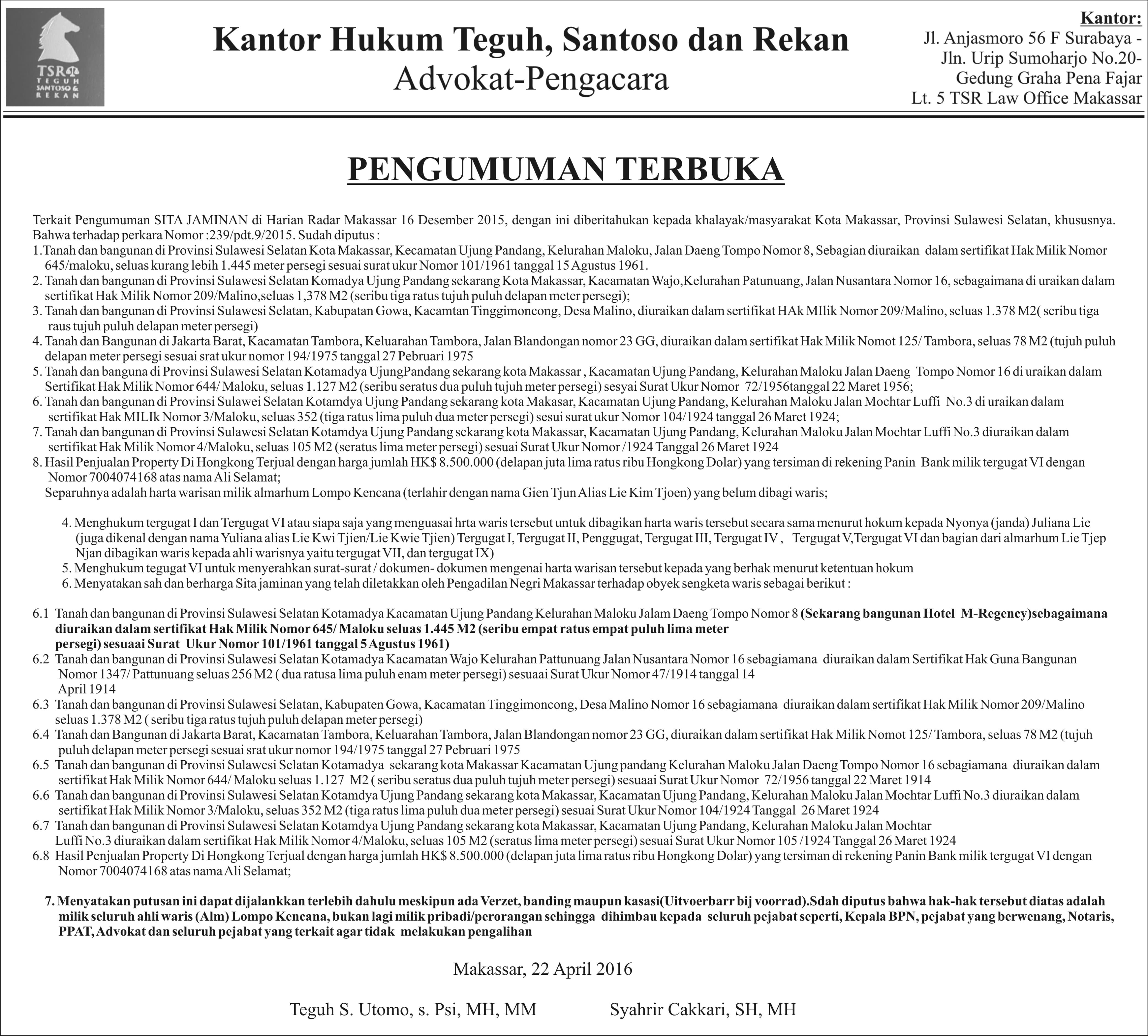 PENGUMUMAN TERBUKA PERINGATAN HUKUM KEPADA PIHAK YANG MENGUASAI OBJEK SITA JAMINAN