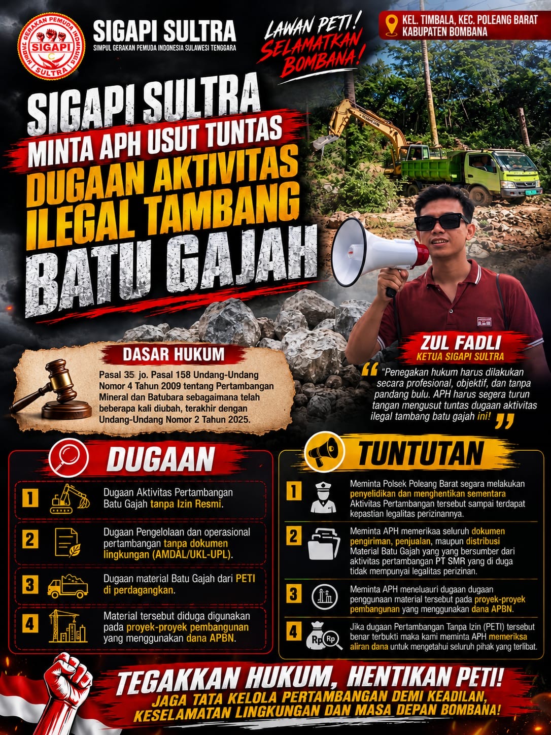 SIGAPI Sultra Minta APH Usut Tuntas Dugaan Aktivitas Ilegal Tambang Batu Gajah